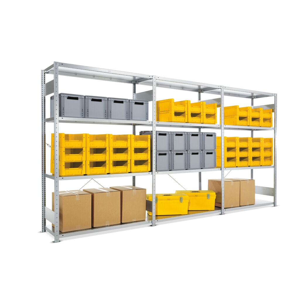 META Komplettpaket Weitspannregal, Fachlast 230 kg, HxBxT 2.000 x 3.900 x 600 mm Produktabbildung: META Komplettpaket Weitspannregal, Fachlast 230 kg, HxBxT 2.000 x 3.900 x 600 mm