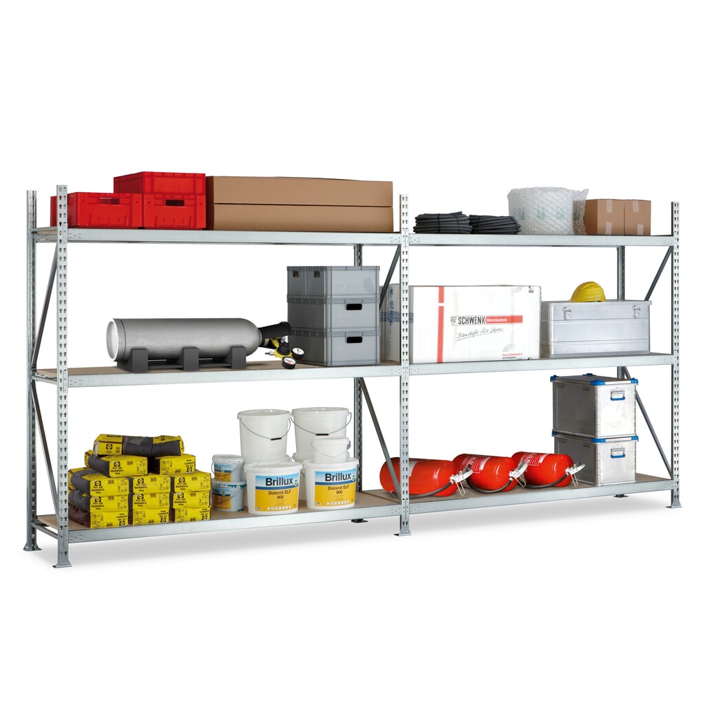 META Komplettpaket Weitspannregal, mit Spanplatten, FL 600 kg, HxBxT 2.200 x 3.600 x 650 mm Produktabbildung: META Komplettpaket Weitspannregal, mit Spanplatten, FL 600 kg, HxBxT 2.200 x 3.600 x 650 mm