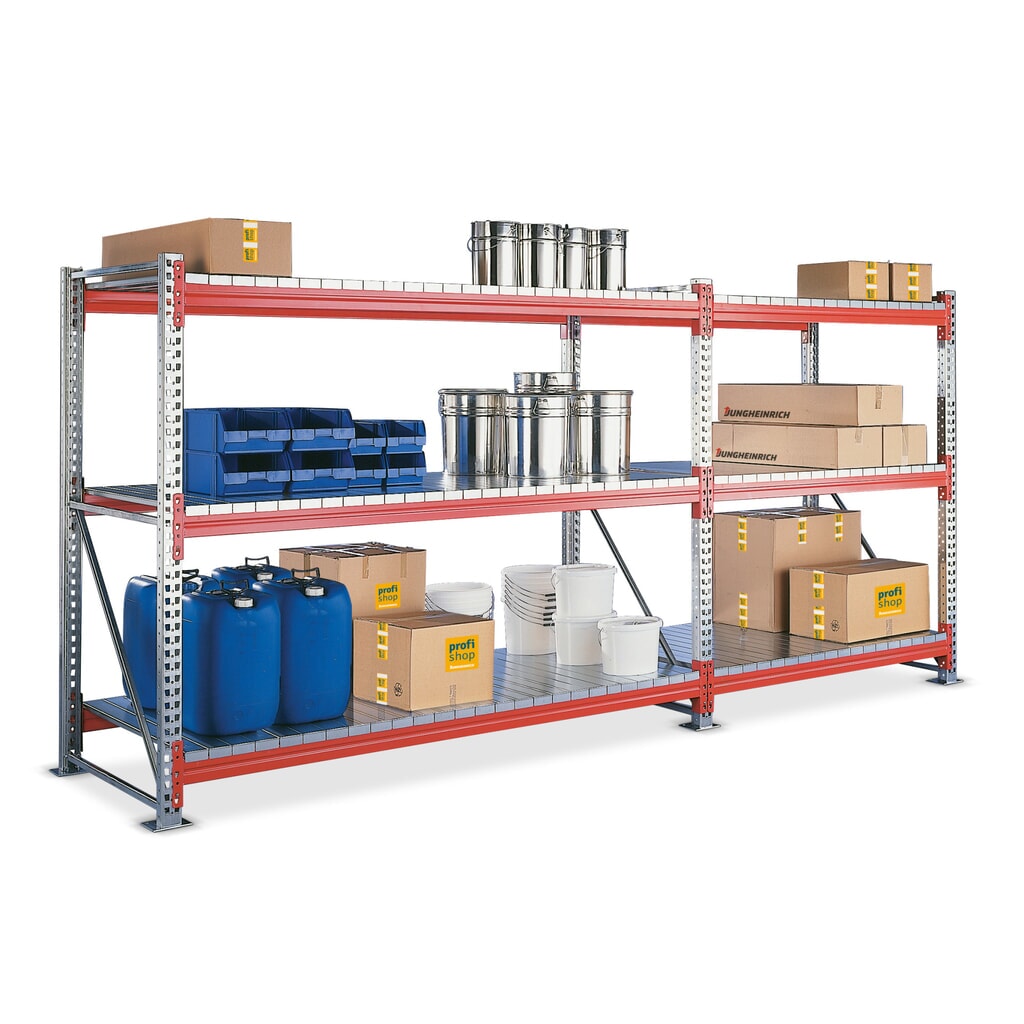 Produktabbildung: META Komplettpaket Weitspannregal, mit Stahlpaneelen, verzinkt/rotorange, HxBxT 2.200 x 3.650 x 800 mm