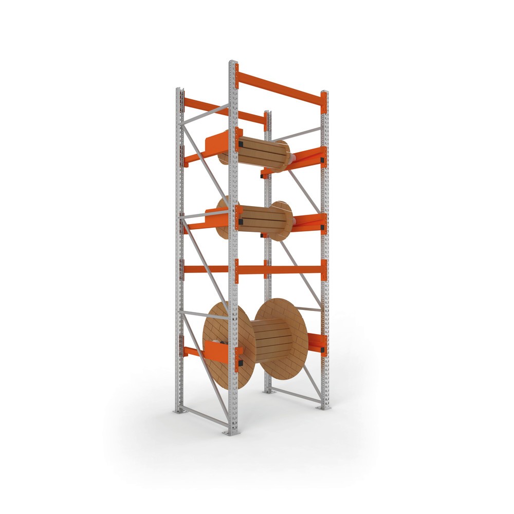 Produktabbildung Nr. 6: META MULTIPAL Kabeltrommelregal Typ 2, AF, HxBxT 2.700 x 1.300 x 1.100 mm, verzinkt, RAL 2001 rotorange, mit 2 Trommelaufnahmen, ohne Achsen, mit Kabeltrommelauflage