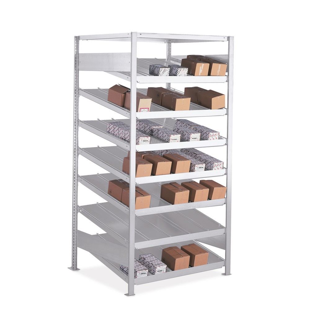 Produktabbildung: META Schrägbodenregal Grundfeld, doppelseitig, mit Fachböden, Tiefe 1.600 mm