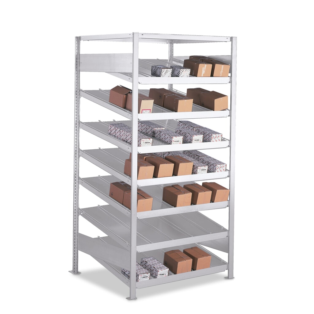 Produktabbildung: META Schrägbodenregal Grundfeld, einseitig, mit Fachböden, Tiefe 500 mm