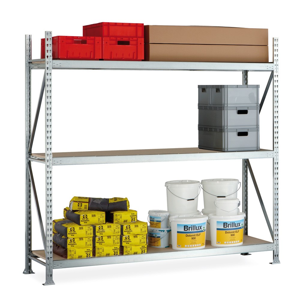 Produktabbildung: META Weitspannregal, mit Spanplatten, FL 600 kg, GF, HxBxT 2.200 x 1.800 x 650 mm