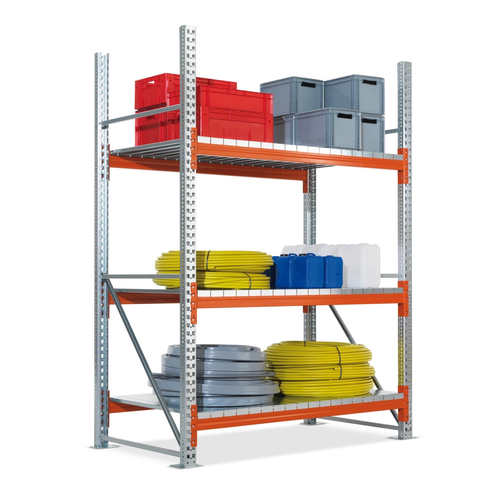 Produktabbildung: META Weitspannregal, mit Stahlpaneelen, GF, verzinkt/rotorange, HxBxT 2.200 x 1.825 x 800 mm