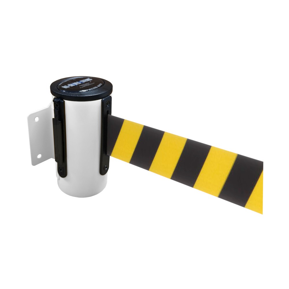Product afbeelding: Metalen cassette voor wandafzetband, gepoedercoat, uittreklengte 2,3 m, wit, zwart/geel diagonaal gestreept