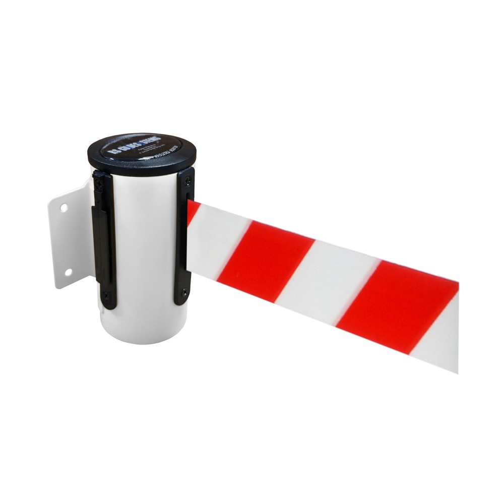 Product afbeelding: Metalen cassette voor wandafzetband, gepoedercoat, uittreklengte 2,3 m, wit, rood/wit diagonaal gestreept