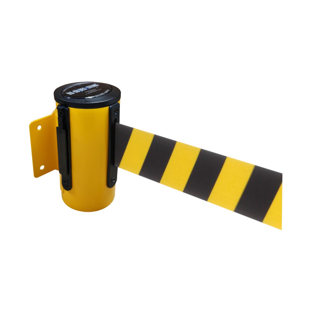 Product afbeelding: Metalen cassette voor wandafzetband, gepoedercoat, uittreklengte 4 m, geel, zwart/geel diagonaal gestreept