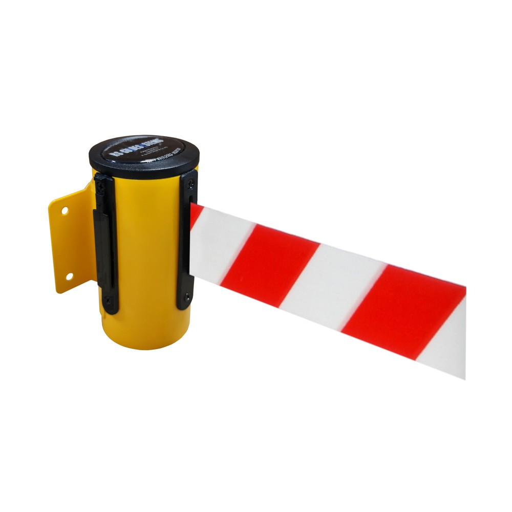 Product afbeelding: Metalen cassette voor wandafzetband, gepoedercoat, uittreklengte 4 m, geel, rood/wit diagonaal gestreept