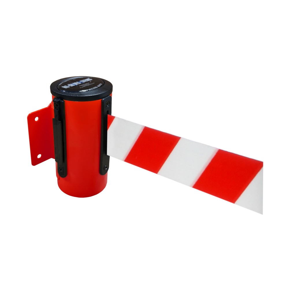 Product afbeelding: Metalen cassette voor wandafzetband, gepoedercoat, uittreklengte 4 m, rood, rood/wit diagonaal gestreept