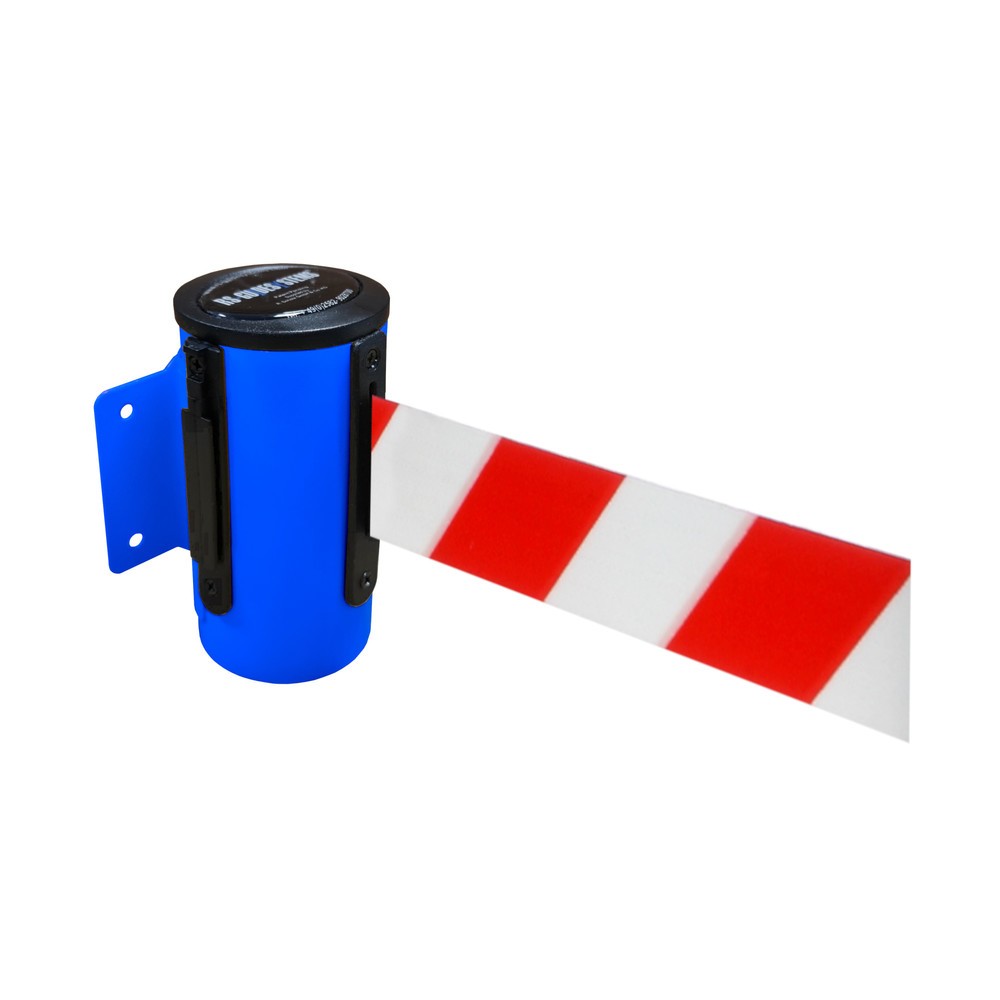 Product afbeelding: Metalen cassette voor wandafzetband, gepoedercoat, uittreklengte 4 m, blauw, rood/wit diagonaal gestreept