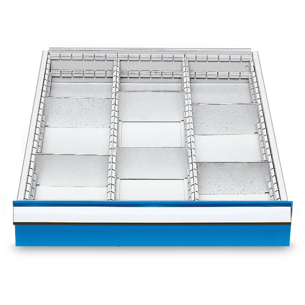 Produktabbildung: Metall-Schubladeneinteilung für Bedrunka+Hirth Reihenwerkbänke, für Fronthöhe 150 mm, 9 Fächer