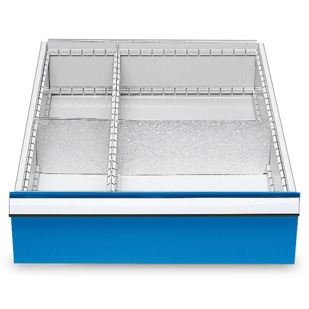 Metall-Schubladeneinteilung für Bedrunka+Hirth Reihenwerkbänke, für Fronthöhe 150 mm, 4 Fächer Produktabbildung: Metall-Schubladeneinteilung für Bedrunka+Hirth Reihenwerkbänke, für Fronthöhe 150 mm, 4 Fächer