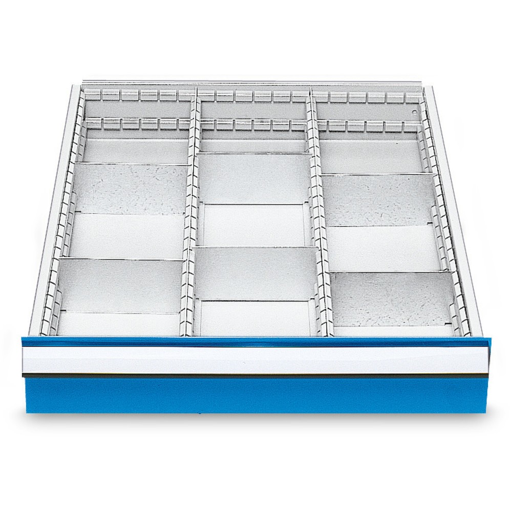 Zdjęcie produktu: Metalowa przegroda do szuflad do ław szeregowych Bedrunka+Hirth, do wysokości przedniej 150 mm, 9 schowków