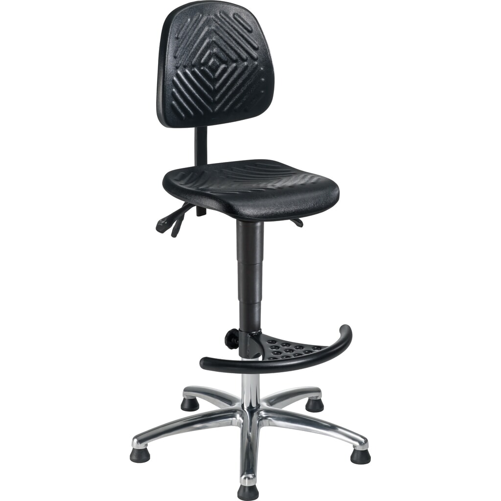 Produktabbildung: meychair Arbeitsdrehstuhl High-Level, Sitzhöhe 580-830 mm, Stahlbasis verchromt, Bodengleiter, Fußstütze