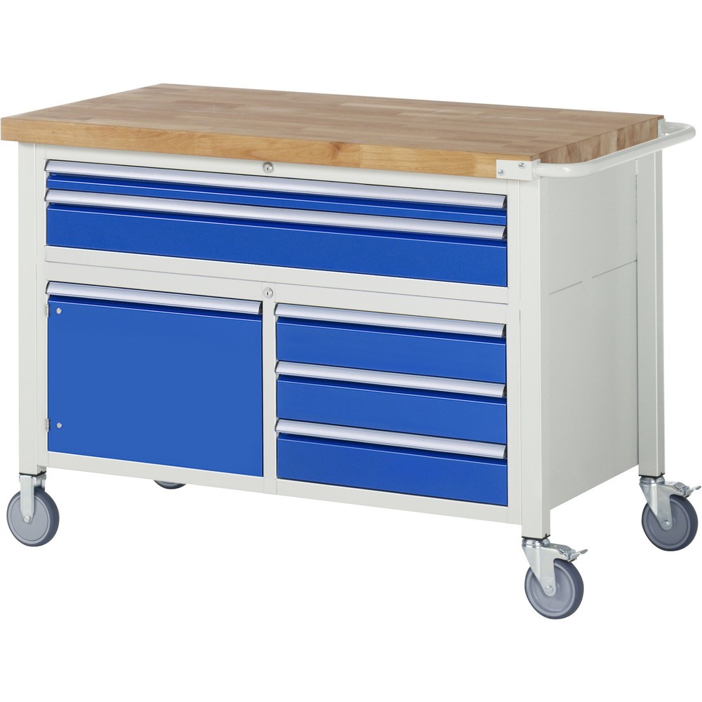 Product afbeelding: Mobiele werkbank RAU serie 8000, 1 driedubbele kast, 1 draaideur, hxbxd 920-1.120 x 1.250 x 700 mm, 5 x voor 90% uittrekbare lades