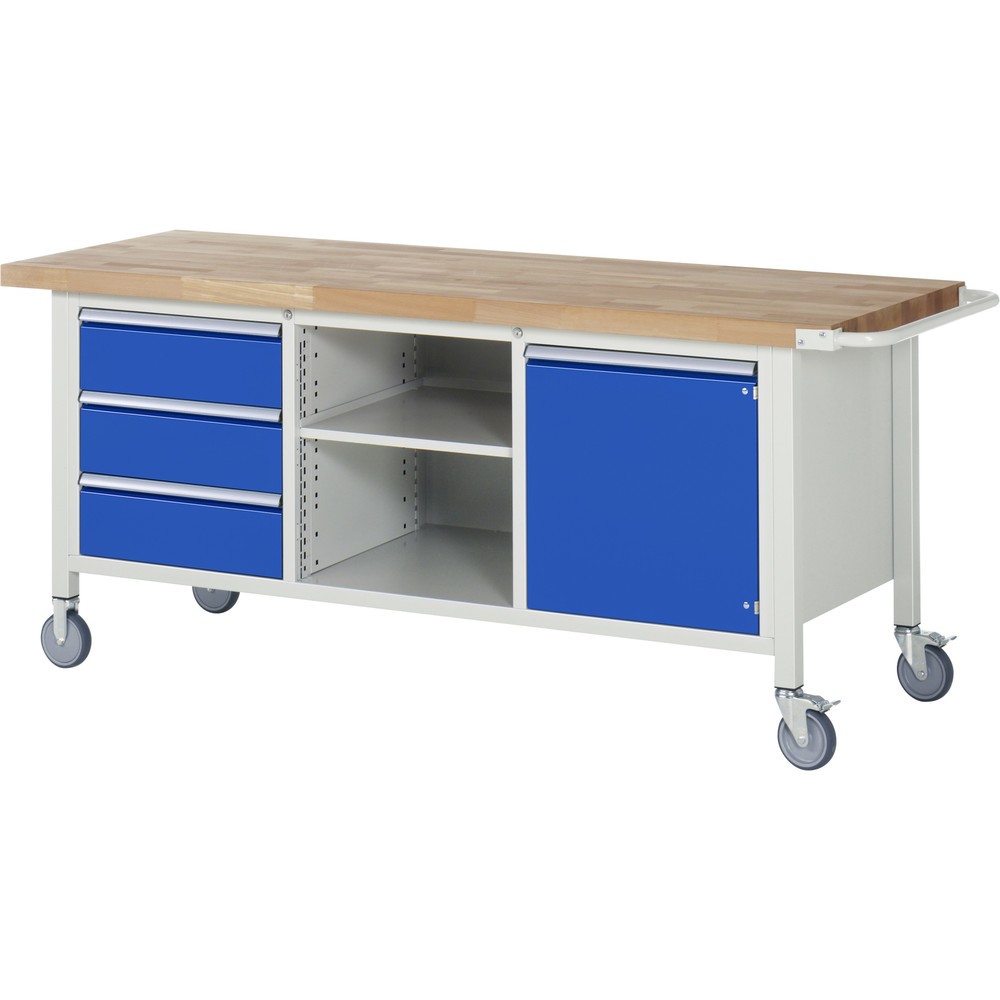 Product afbeelding: Mobiele werkbank RAU serie 8000, 1 driedubbele kast, 1 legbord, 1 draaideur, hxbxd 880-1.080 x 2.000 x 700 mm, 3 x voor 90% uittrekbare lades