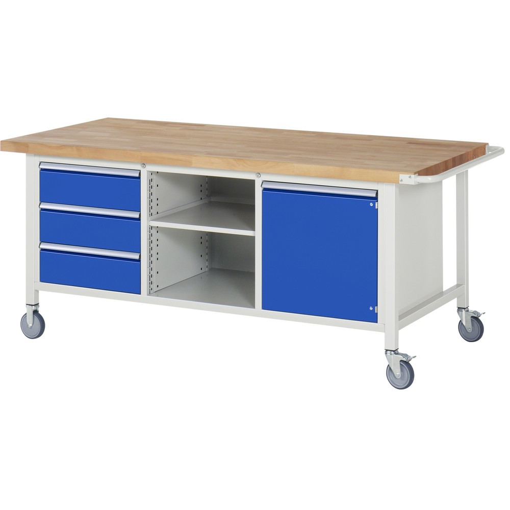 Product afbeelding: RAU verrijdbare werkbank serie 8000, h x b x d 880 x 2.000 x 900 mm, 1 driedubbele onderbouwkast, met 3 lades en 1 openslaande deur