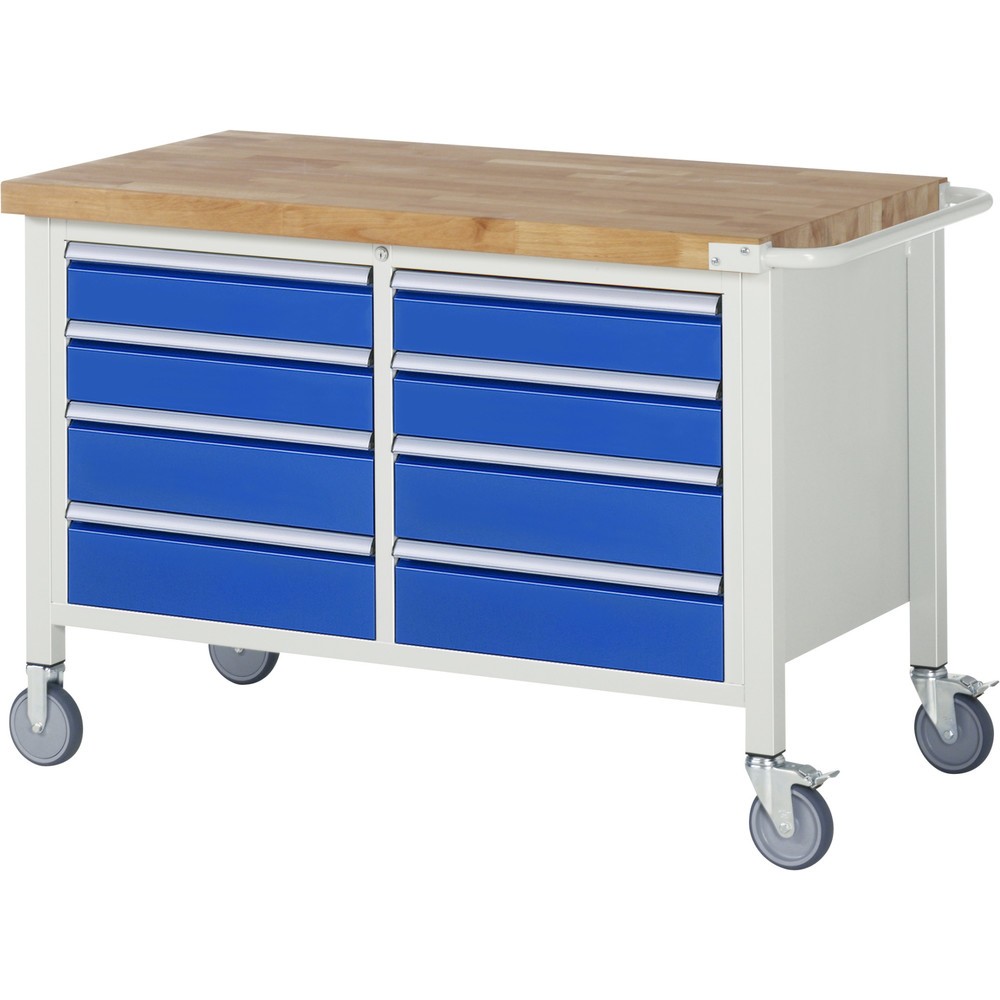 Product afbeelding: Mobiele werkbank RAU serie 8000, 1 dubbele kast, hxbxd 880-1.080 x 1.250 x 700 mm, 8 x voor 90% uittrekbare lades