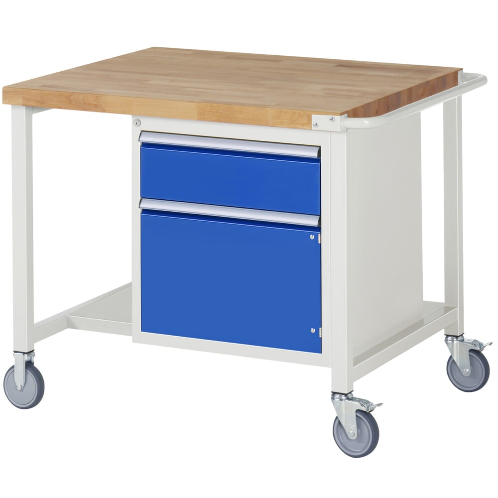 Product afbeelding: RAU verrijdbare werkbank serie 8000, h x b x d 880 x 1.000 x 900 mm, 1 onderbouwkast, met 1 lade en 1 openslaande deur