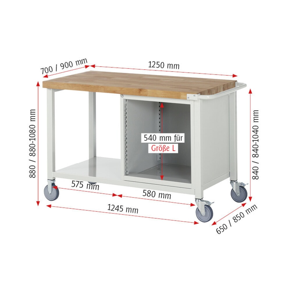 Productafbeelding nr. 9: Mobiele werkbank RAU serie 8000, 1 legbord, 1 draaideur, hxbxd 880-1.080 x 1.250 x 700 mm, 1 lade