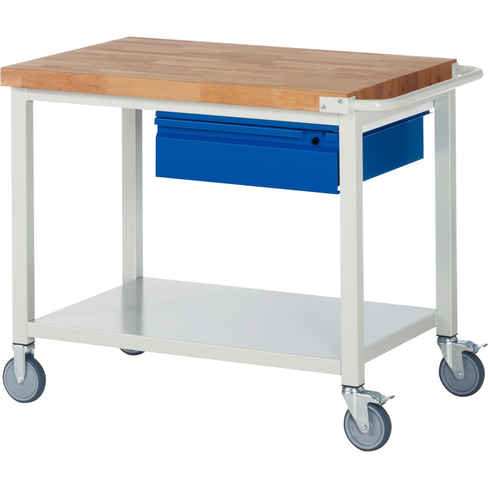Product afbeelding: Mobiele werkbank RAU serie 8000, massief beuken werkblad, dikte 40 mm, hxbxd 880 x 1.000 x 700 mm, 1 lade, 1 legbord diepte 650 mm