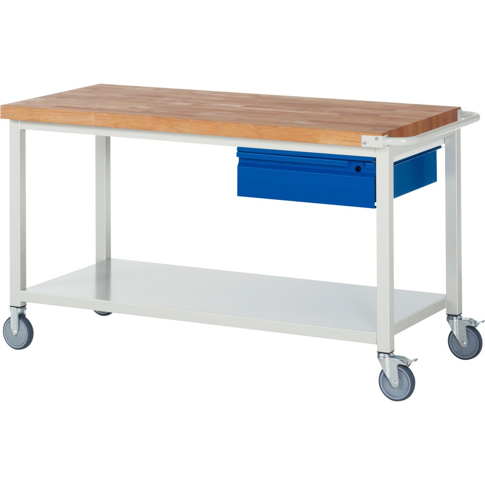Product afbeelding: Mobiele werkbank RAU serie 8000, massief beuken werkblad, dikte 40 mm, hxbxd 880 x 1.500 x 700 mm, 1 lade, 1 legbord diepte 650 mm