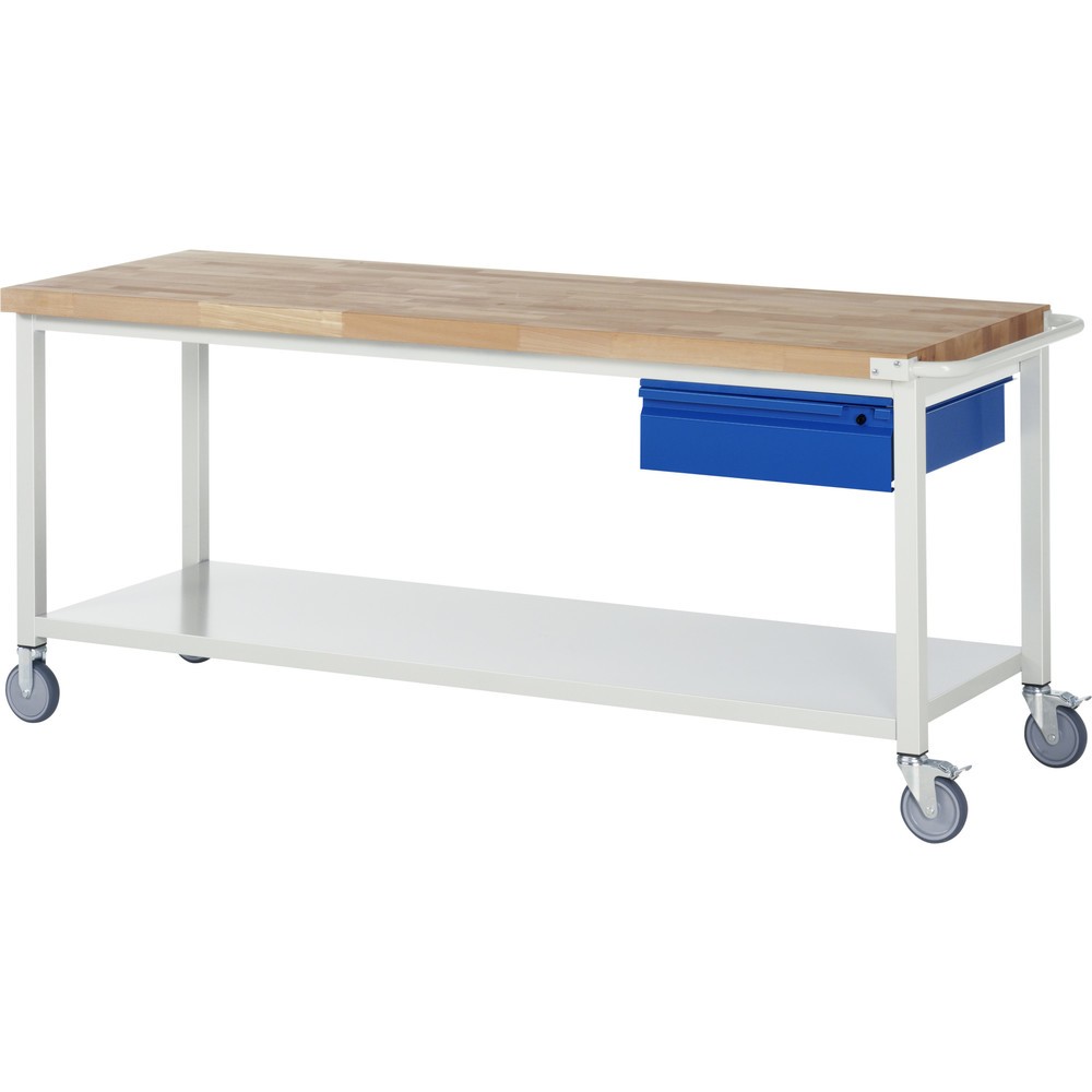 Product afbeelding: Mobiele werkbank RAU serie 8000, massief beuken werkblad, dikte 40 mm, hxbxd 880 x 2.000 x 700 mm, 1 lade, 1 legbord diepte 650 mm