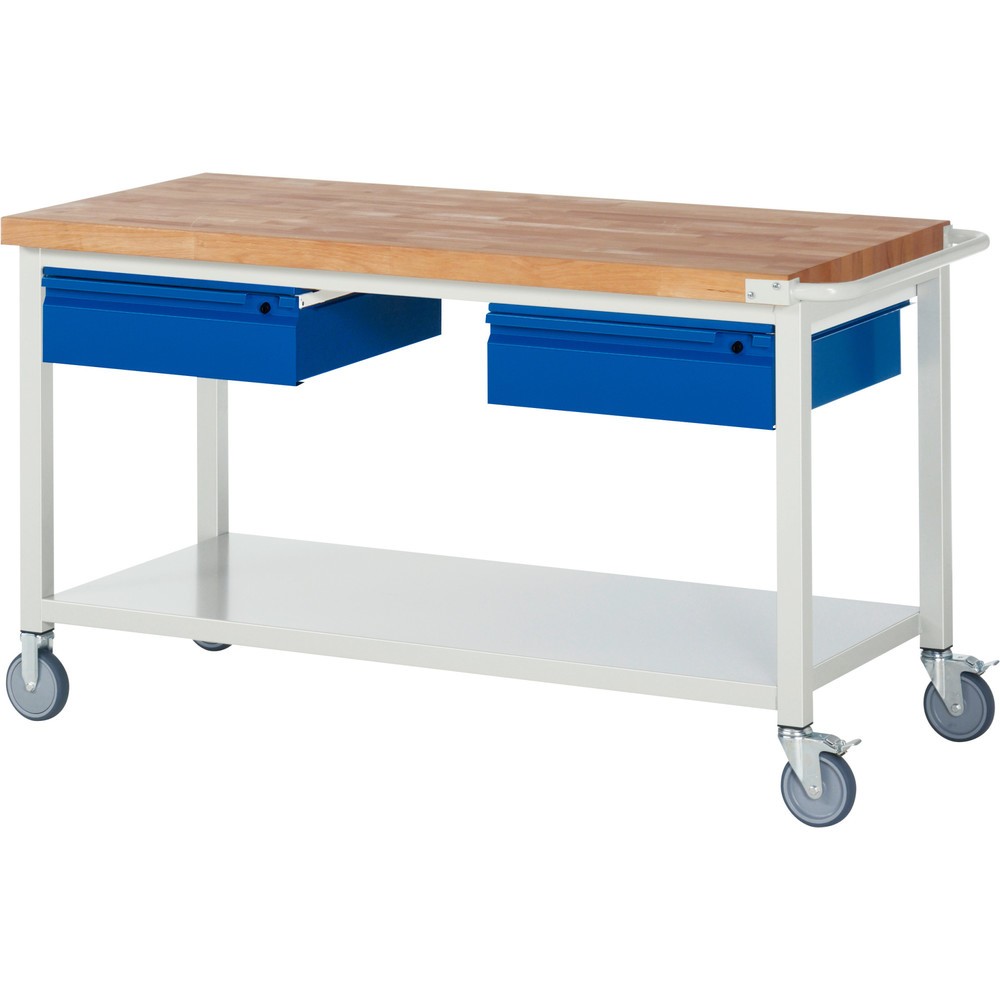 Product afbeelding: Mobiele werkbank RAU serie 8000, massief beuken werkblad, dikte 40 mm, hxbxd 880 x 1.500 x 700 mm, 2 lades, 1 legbord diepte 650 mm