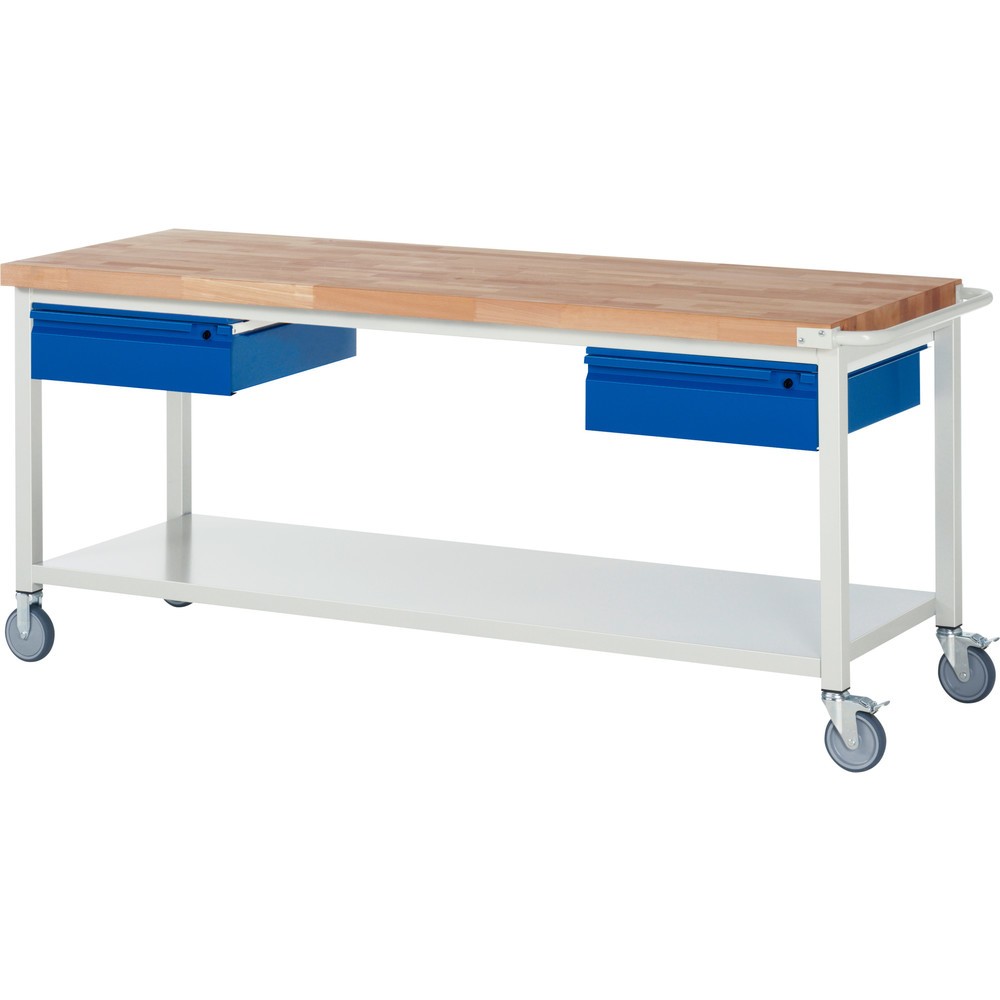 Product afbeelding: Mobiele werkbank RAU serie 8000, massief beuken werkblad, dikte 40 mm, hxbxd 880 x 2.000 x 700 mm, 2 lades, 1 legbord diepte 650 mm