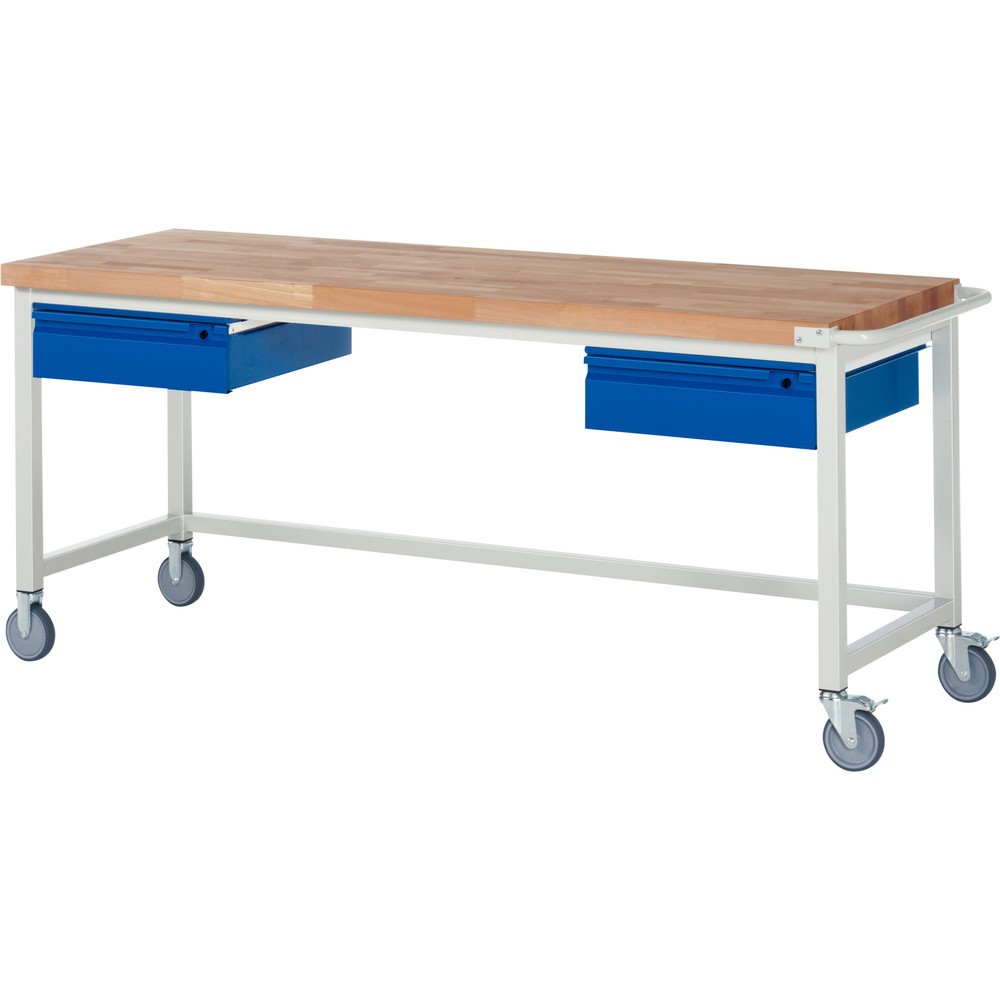 Product afbeelding: Mobiele werkbank RAU serie 8000, massief beuken werkblad, dikte 40 mm, hxbxd 880 x 2.000 x 700 mm, 2 lades 2 x 150 mm