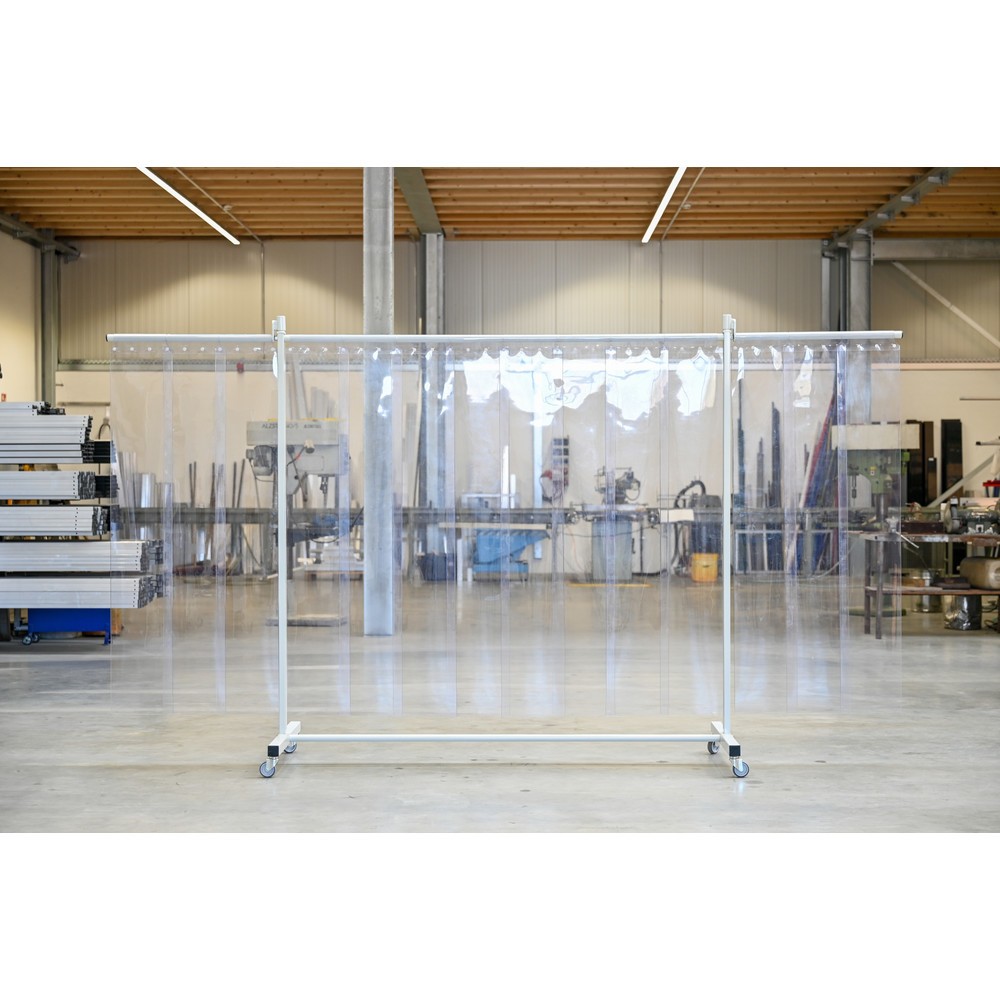 Produktabbildung Nr. 1: Mobile Schutzstellwand mit Schwenkarmen, 3-tlg., Lamellen 2 mm, transparent
