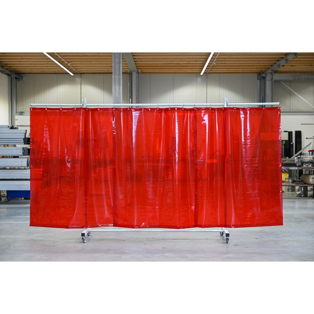 Produktabbildung Nr. 1: Mobile Schutzstellwand mit Schwenkarmen, nach ISO EN 25980 (EN 1598), 3-tlg., Plane 0,4 mm, rot/transparent