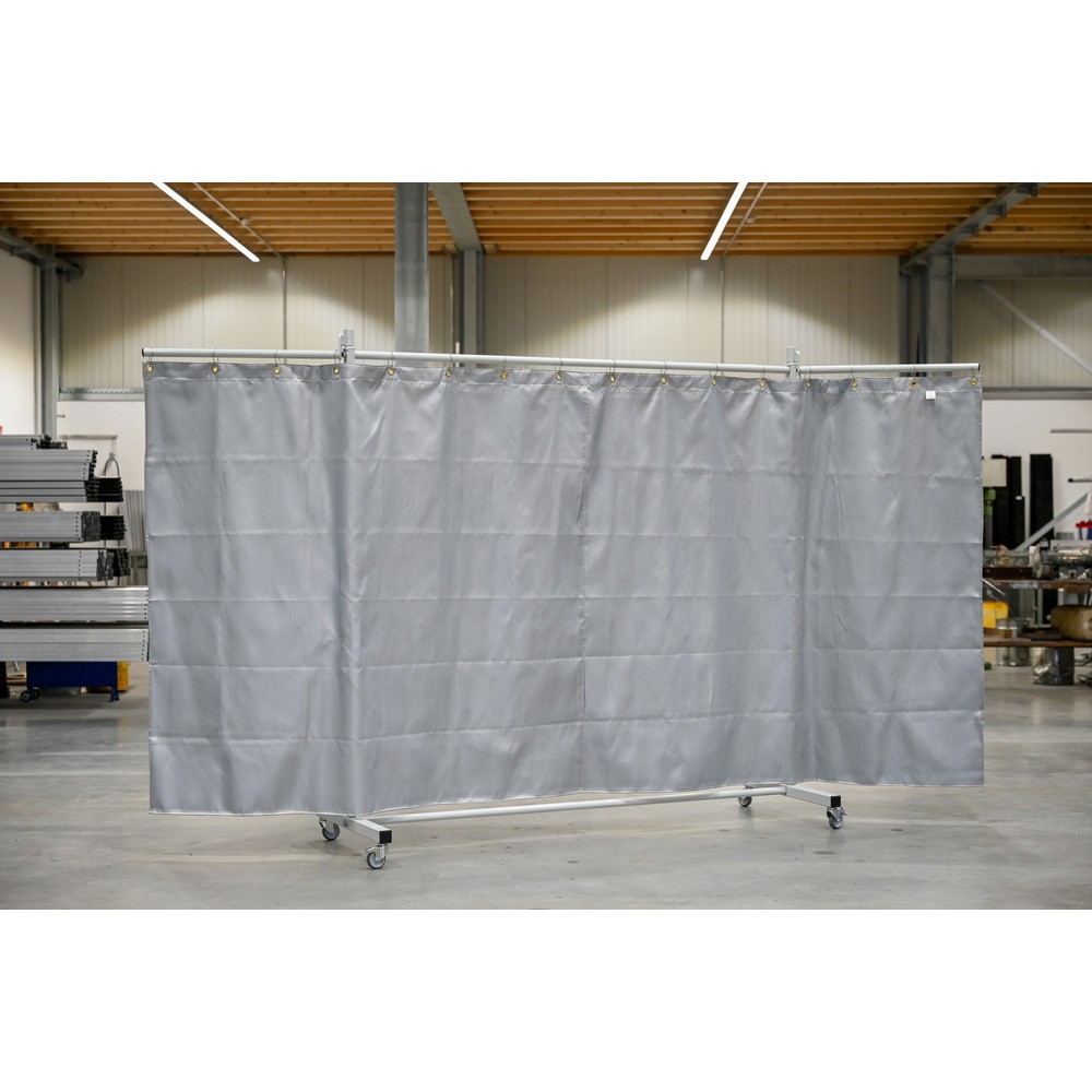 Produktabbildung Nr. 2: Mobile Schutzstellwand mit Schwenkarmen, Hitzeschutz-/Spritzerschutzdecke gemäß DIN EN 13501-1, 3-tlg., Lamellen 2 mm, grau/silber