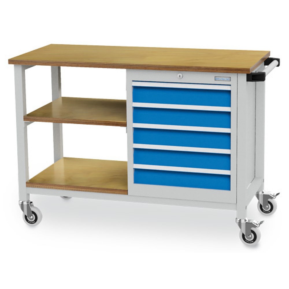 Zdjęcie produktu: Mobilna ława warsztatowa Bedrunka+Hirth R 18-16, wys. x szer. x gł. 880 x 1200 x 540 mm, kolor jasnoszary, kolor jasnoniebieski, 2 x półka, 5 x szuflada 5 x 100 mm