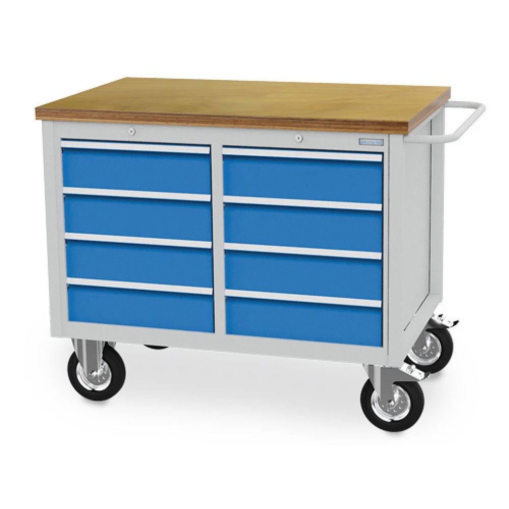 Zdjęcie produktu: Mobilna ława warsztatowa Bedrunka+Hirth R 18-24, wys. x szer. x gł. 995 x 1250 x 750 mm, kolor jasnoszary, kolor jasnoniebieski, 8 x szuflada 8 x 150 mm