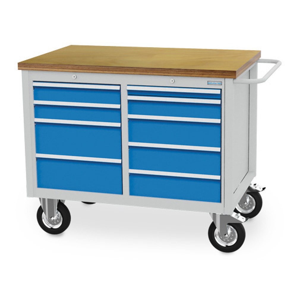 Zdjęcie produktu nr 1: Mobilna ława warsztatowa Bedrunka+Hirth R 18-24, wys. x szer. x gł. 995 x 1250 x 750 mm, kolor jasnoszary, kolor jasnoniebieski, 9 x szuflada 1 x 50 + 3 x 100 + 3 x 150 + 2 x 200 mm