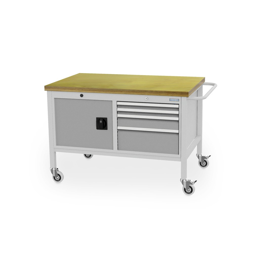 Zdjęcie produktu nr 1: Mobilna ława warsztatowa Bedrunka+Hirth, szafka, 4 szuflady na różnych wysokościach, biały aluminiowy