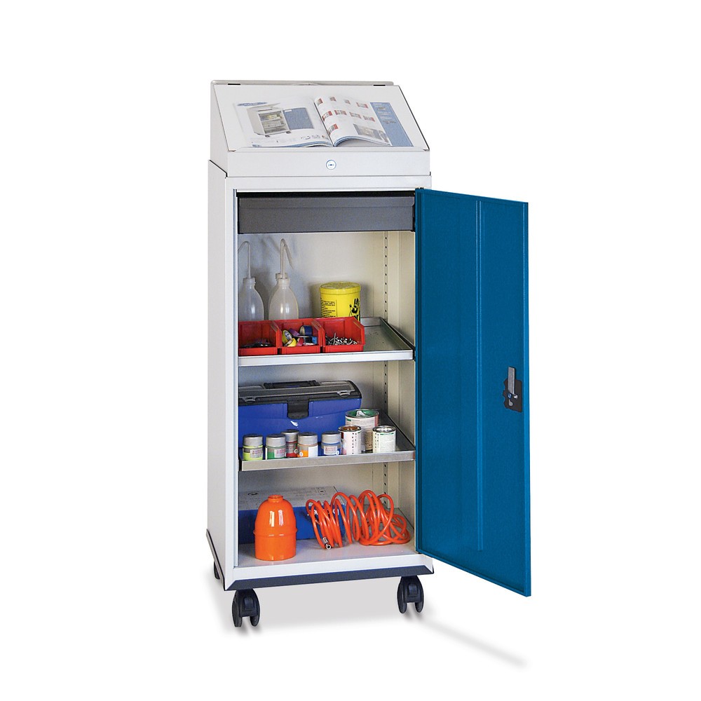 Zdjęcie produktu: Mobilna szafa warsztatowa z drzwiami skrzydłowymi stumpf® z pulpitem do pisania, 1 szufladą i 2 półkami z obrzeżami, szara/niebieska