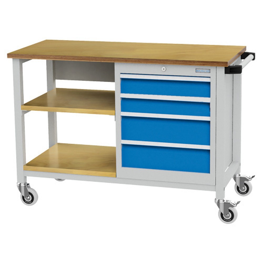 Obrázek produktu: Mobilní pracovní stůl Bedrunka+Hirth R 18-16, VxŠxH 880 x 1200 x 540 mm, světle šedá, světle modrá, 2 ks police, 4 zásuvky 2x100 + 2x150 mm