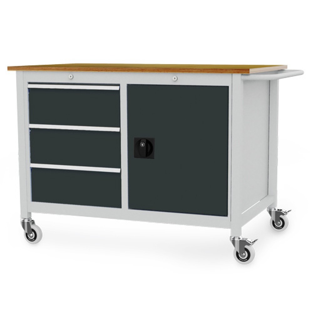 Obrázek produktu: Mobilní pracovní stůl Bedrunka+Hirth R 18-24, VxŠxH 935 x 1250 x 750 mm, světle šedá, antracitová šedá, 3 ks zásuvka 3x200 mm, 1 křídlové dveře 1x600 mm