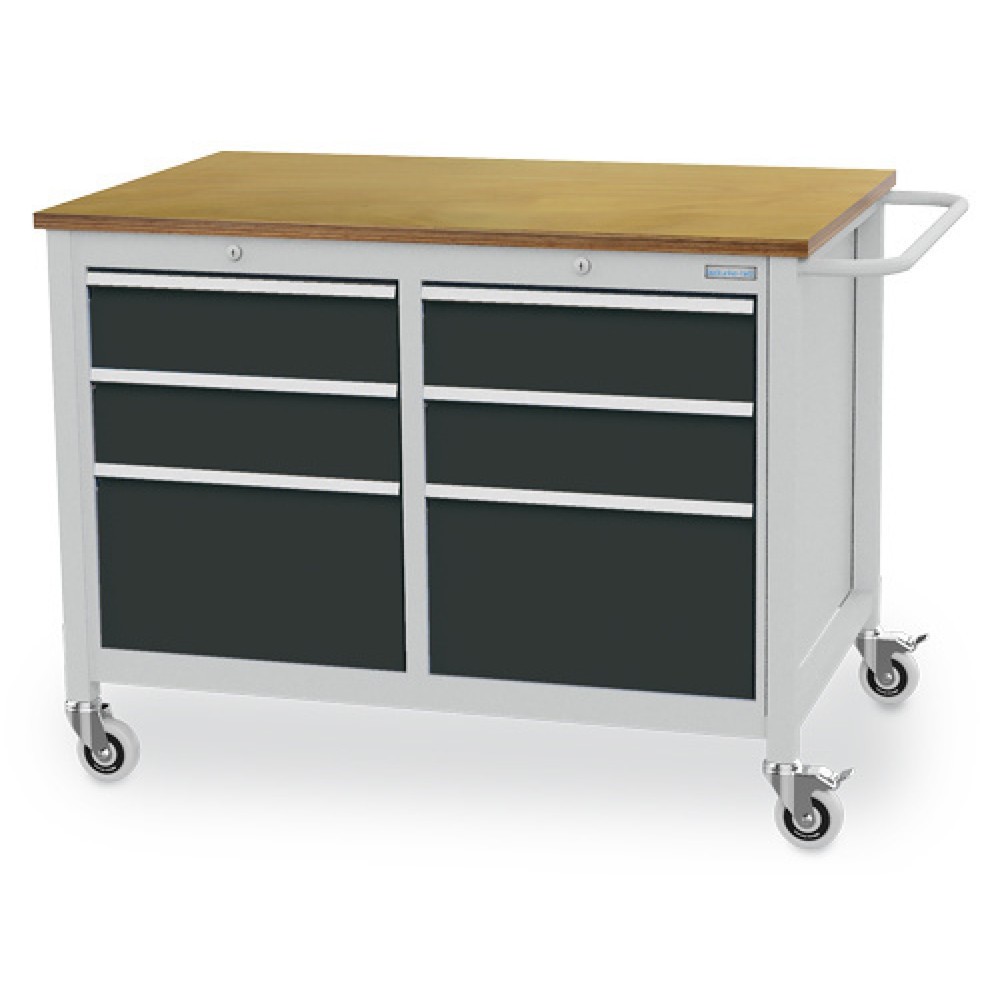 Obrázek produktu: Mobilní pracovní stůl Bedrunka+Hirth R 18-24, VxŠxH 935 x 1250 x 750 mm, světle šedá, antracitová šedá, 6 ks zásuvka 4x150 + 2x300 mm