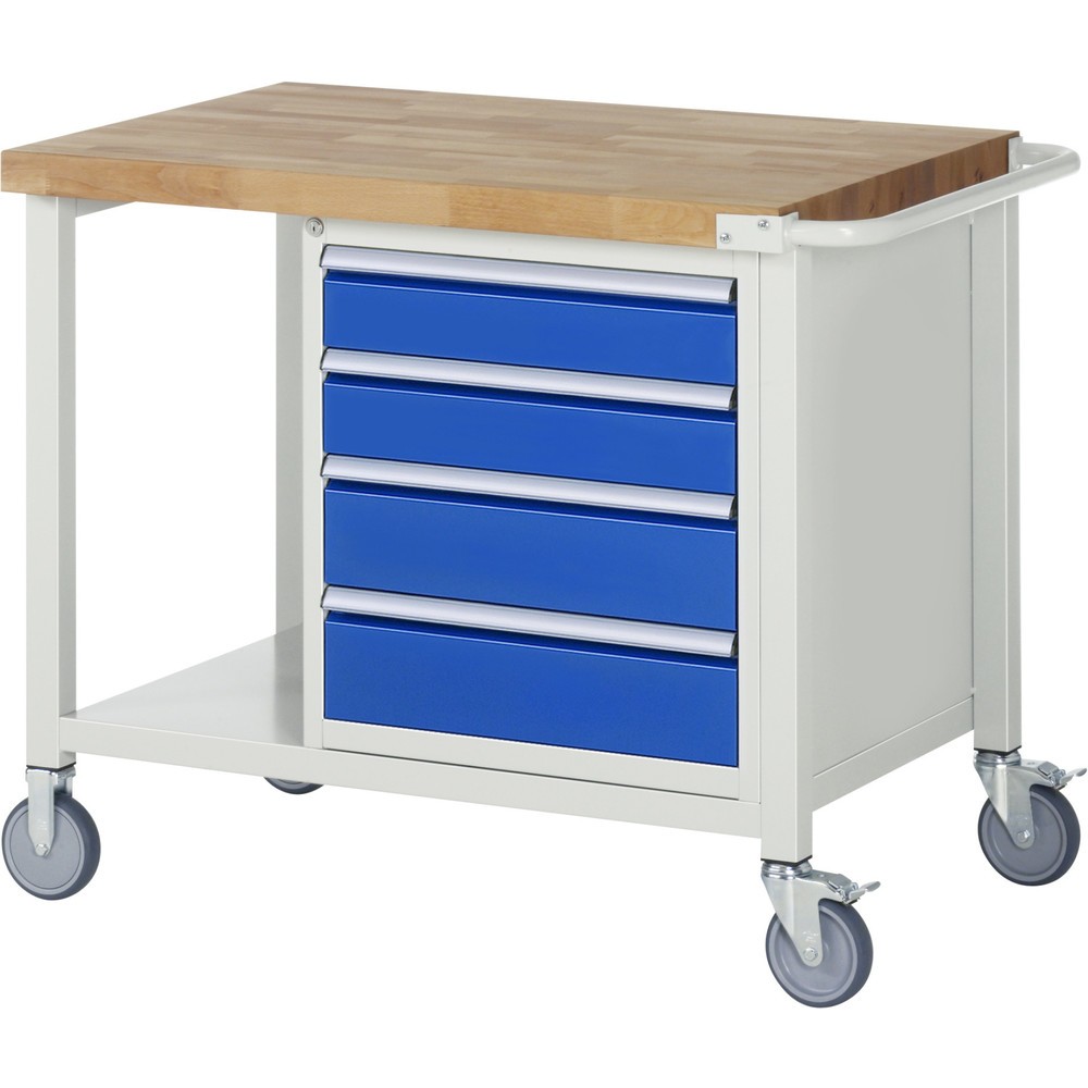 Obrázek produktu: Mobilní pracovní stůl RAU řada 8000, 1 odkládací police, VxŠxH 880 x 1000 x 700 mm, 4x zásuvka s výsuvem 100 %, nosnost zásuvky 100 kg
