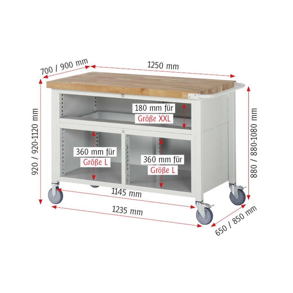 Číslo obrázku produktu 7: Mobilní pracovní stůl RAU řada 8000, 1 trojitý kontejner, VxŠxH 920-1120 x 1250 x 700 mm, 7x zásuvka s výsuvem 90 %