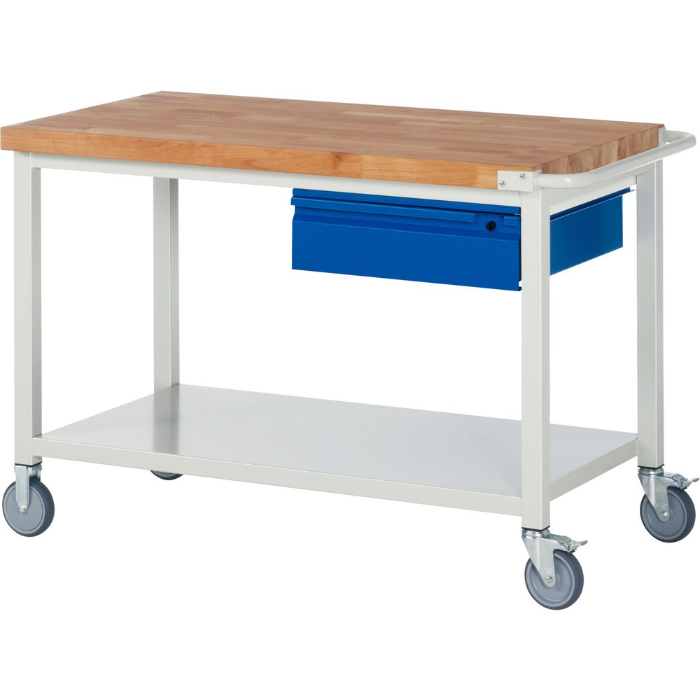 Obrázek produktu: Mobilní pracovní stůl RAU řada 8000, pracovní deska z bukového masivu, tloušťka 40 mm, VxŠxH 880 x 1 250 x 700 mm, 1 zásuvka, 1 odkládací police hloubka 650 mm