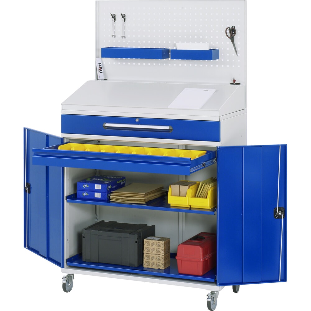 Obrázek produktu: Mobilní pojízdný pult Rau, VxŠxH 1 235–1 895 x 1 100 x 520 mm, zásuvky 1 x 80, 1 x 120 mm