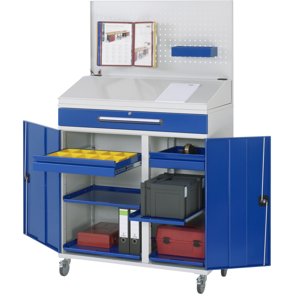 Obrázek produktu: Mobilní pojízdný pult Rau, VxŠxH 1 235–1 895 x 1 100 x 520 mm, zásuvky 2 x 80, 1 x 120 mm