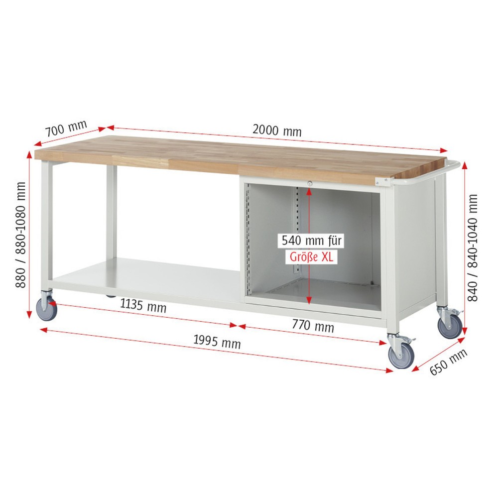 Číslo obrázka výrobku 7: Mobilný pracovný stôl RAU série 8000, 1 odkladacie dno, v × š × h 880 – 1 080 × 2 000 × 700 mm, 3 zásuv. so 100 % vysunutím, 3 × 180 mm, nosnosť zásuv. 75 kg