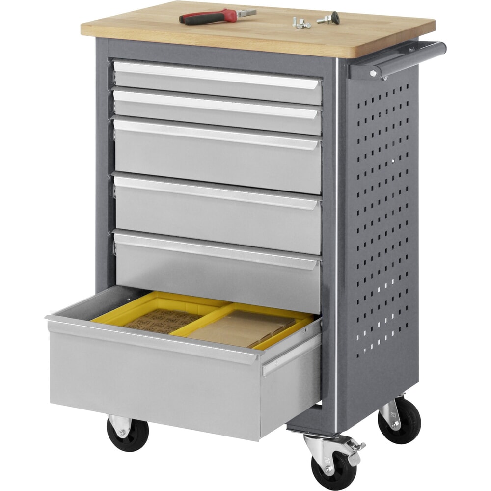 Číslo obrázka výrobku 3: Mobilný pracovný stôl RAU série adlatus, v × š × h 950 × 675 × 450 mm, 6 zásuv. 2 × 65, 3 × 125, 1 × 90 mm, buková pracovná doska