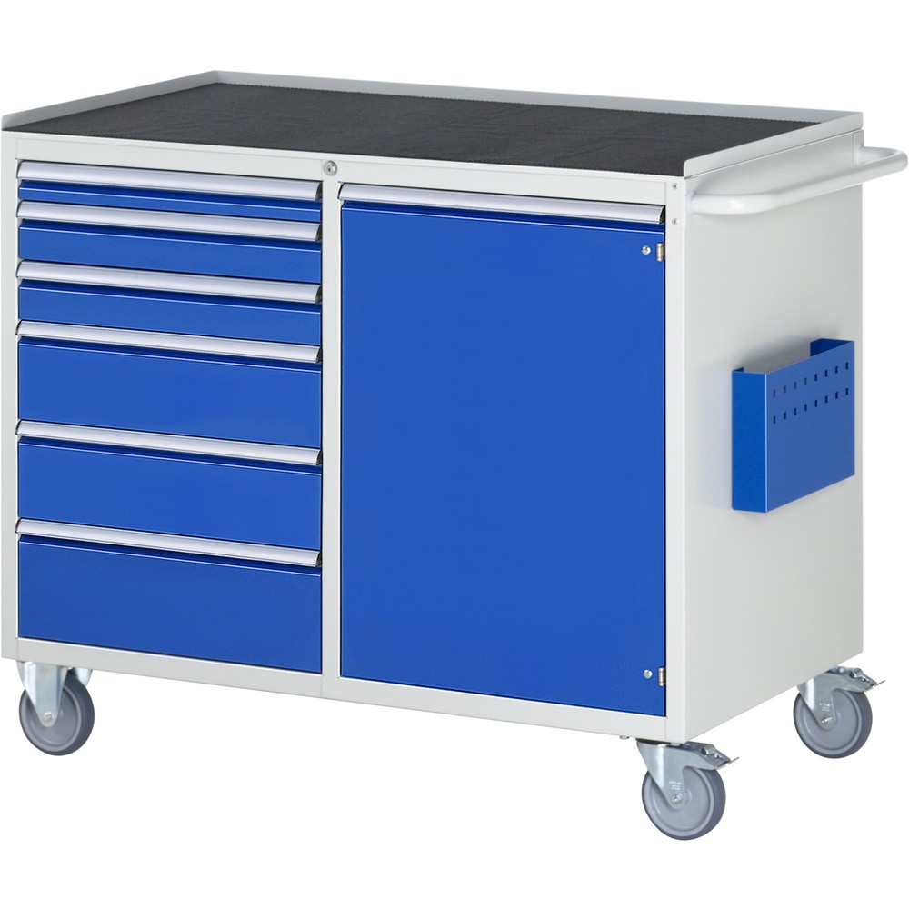 Obrázek produktu: Montážní vozík RAU řada 7000, VxŠxH 975 x 1145 x 650 mm, 1 křídlové dveře, 6x zásuvka 1 x 60, 2 x 90, 2 x 150, 1 x 180 mm, kovová pracovní deska