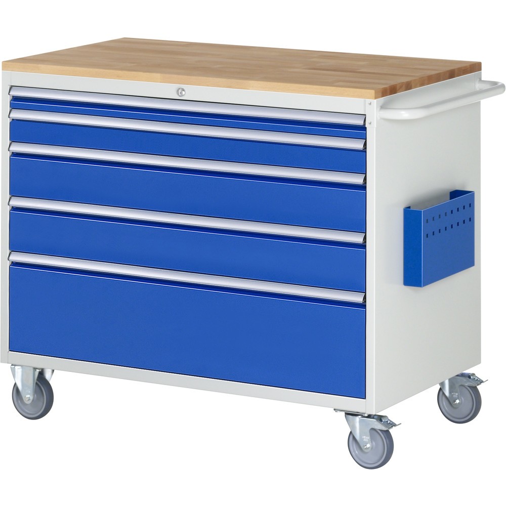 Obrázok výrobku: Dielenský vozík RAU série 7 000, v × š × h 975 × 1 145 × 650 mm, s 5 zásuvkami veľkosti XXL, pracovná doska z bukového masívu